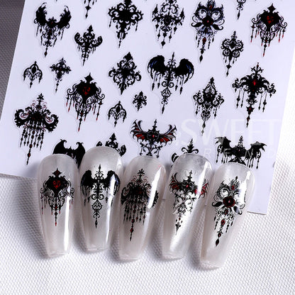 7/8pcs 3D Gothic Black Halloween Nail Stickers Cool Design Alphabet Letter Lace Castle Skull Y2K Manicure Decoration Accessories