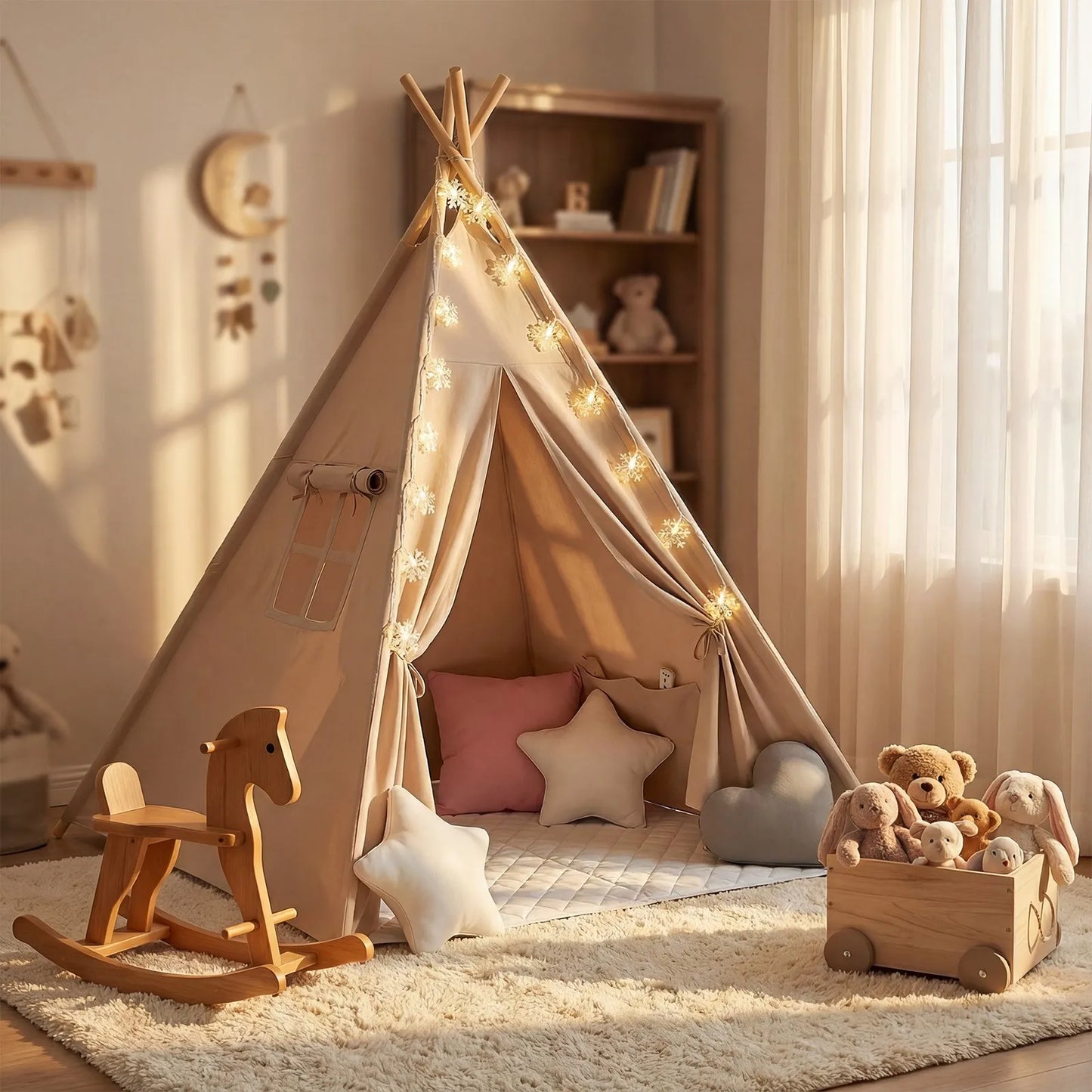 Foldable Teepee Tent with Cusions Mats LED Star String Lights, Portable Play Tent for Indoor/Outdoor Garden Playhouse Adventures