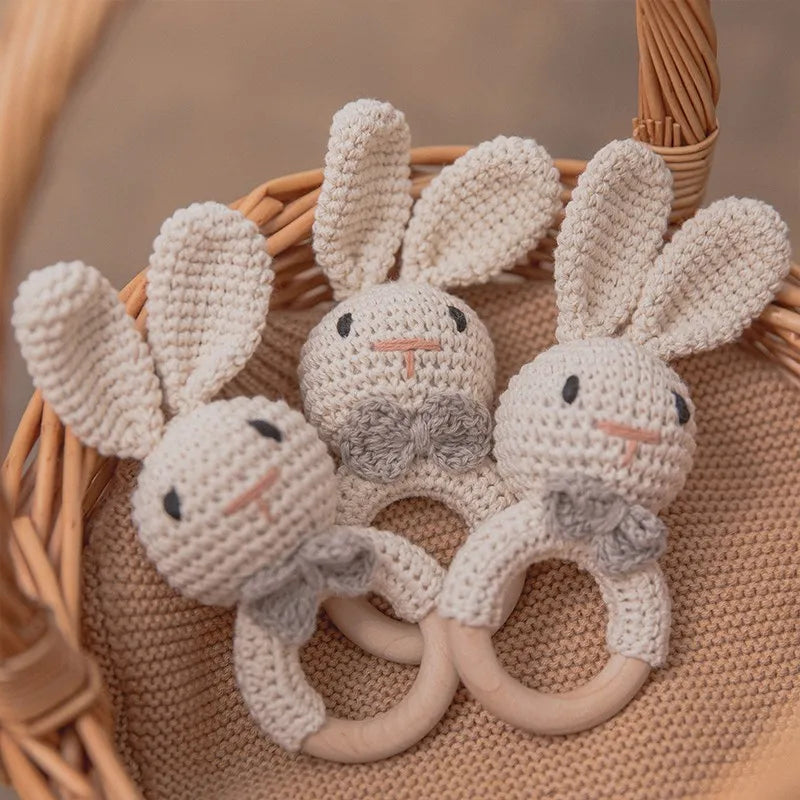 Baby Rattles Crochet Bunny Rattle Toy Wood Ring Baby Teether Rodent Baby Gym Mobile Rattles Newborn Educational Toys Gifts 1pc