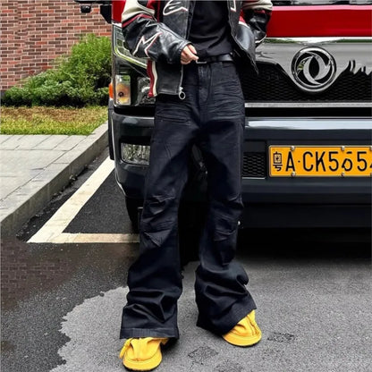 Y2K Washed Jeans Gothic Vintage Micro Flared Middle Waisted Zipper Pants Women Men Streetwear High Quality Design Sense Trousers