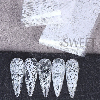 10/20pcs Elegant Black White Lace Flowers Nail Transfer Foils Fantasy Retro Floral Starry Sky Paper Sticker Manicure Accessories