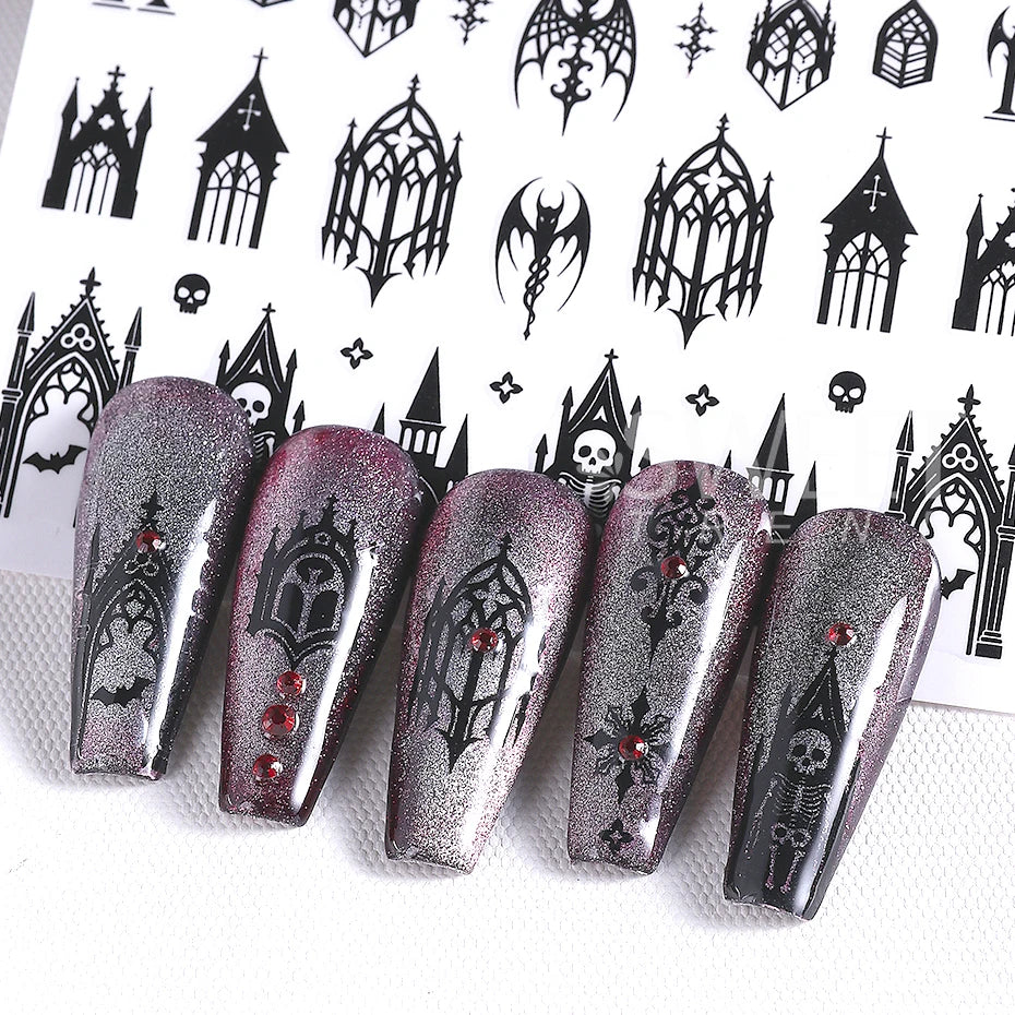 7/8pcs 3D Gothic Black Halloween Nail Stickers Cool Design Alphabet Letter Lace Castle Skull Y2K Manicure Decoration Accessories