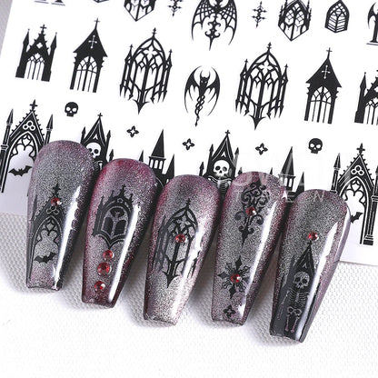 7/8pcs 3D Gothic Black Halloween Nail Stickers Cool Design Alphabet Letter Lace Castle Skull Y2K Manicure Decoration Accessories