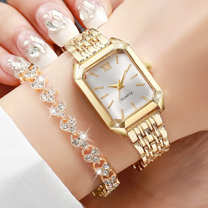 2PCS Fashion Rectangle Women Quartz Watch Rhinestone Bracelet Set Roma Dial Ladies Wristwatches Girls Clock Reloj Mujer