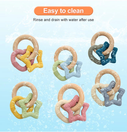 Silicone Star and Heart Teether with Teething Wooden Ring Baby Rattle Toy