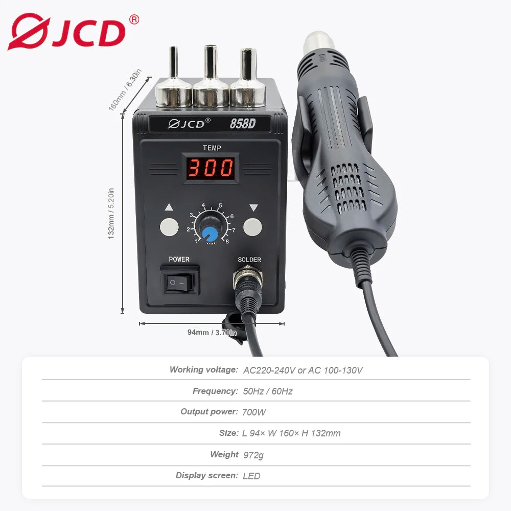 JCD Hot Air Gun 858D 700W BGA Rework Solder Station Soldering Heat Air Gun Station 220V / 110V For SMD SMT Welding Repair Tools