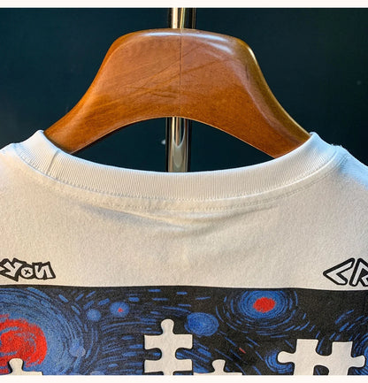 Fashionable men's T-shirt trend abstract artistic print summer loose combed cotton comfortable short sleeved top