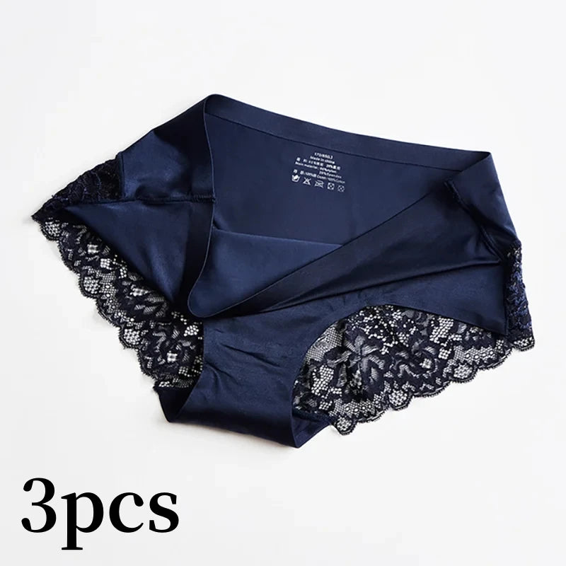 3pcs Lace Women's Panties French Seamless Underwear Female Ice Silk Briefs Solid Color Breathable Underpants Lingerie