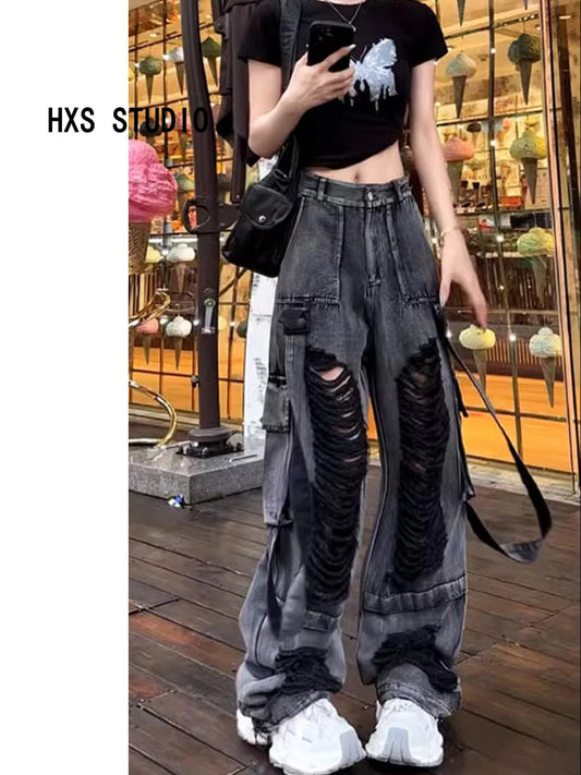 American Retro Washed Black Hole Denim Pants Women's Style 2026 Autumn New Street Design Wide Leg Pants High Waist Straight Leg