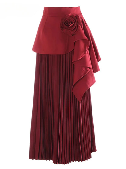 CHICEVER Elegant Spliced Asymmetrical Ruffles Skirts for Women High Waist Patchwork Appliques Pleated Long Skirt Female Spring