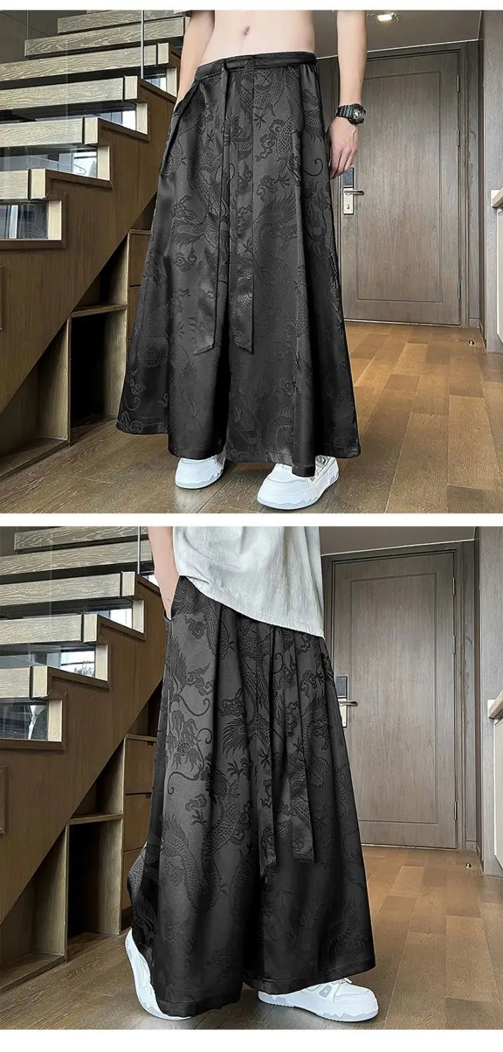 Men's Black Dragon Jacquard Wide-Leg Pants - New Chinese Style Satin Belted Trousers