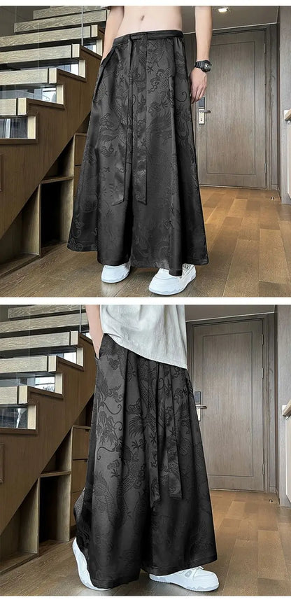 Men's Black Dragon Jacquard Wide-Leg Pants - New Chinese Style Satin Belted Trousers