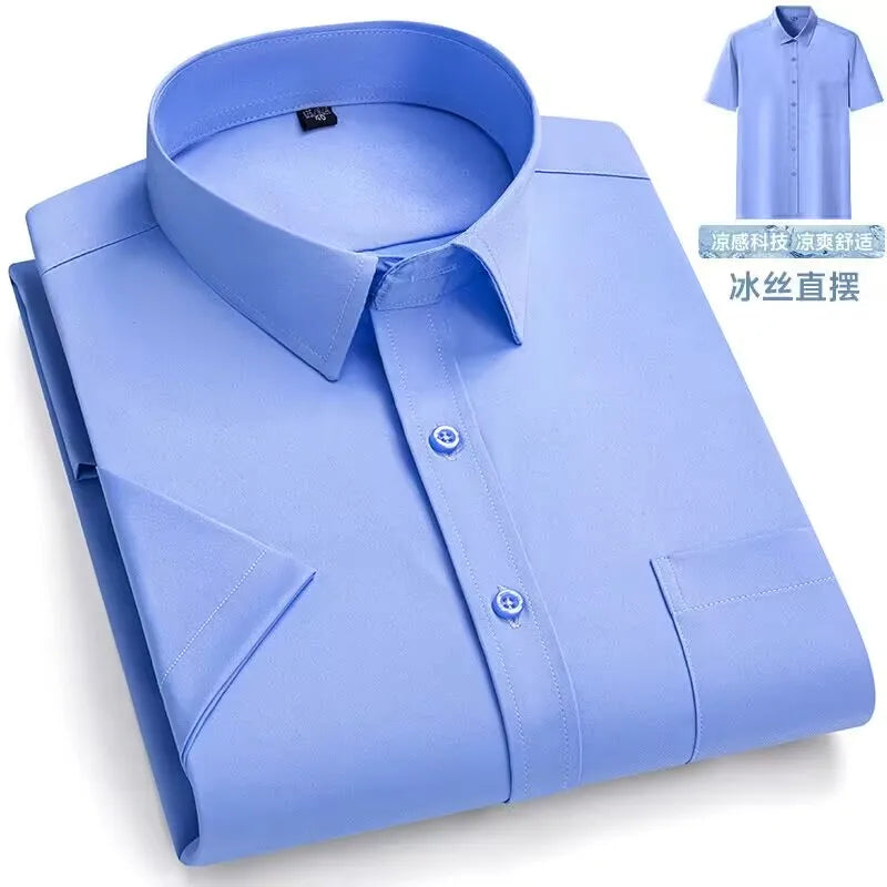 New Anti-Wrinkle Men Shirts Short Sleeves Dress Shirts For Men Slim Fit Camisa Social Business Blouse Pocket White Shirt S-7XL