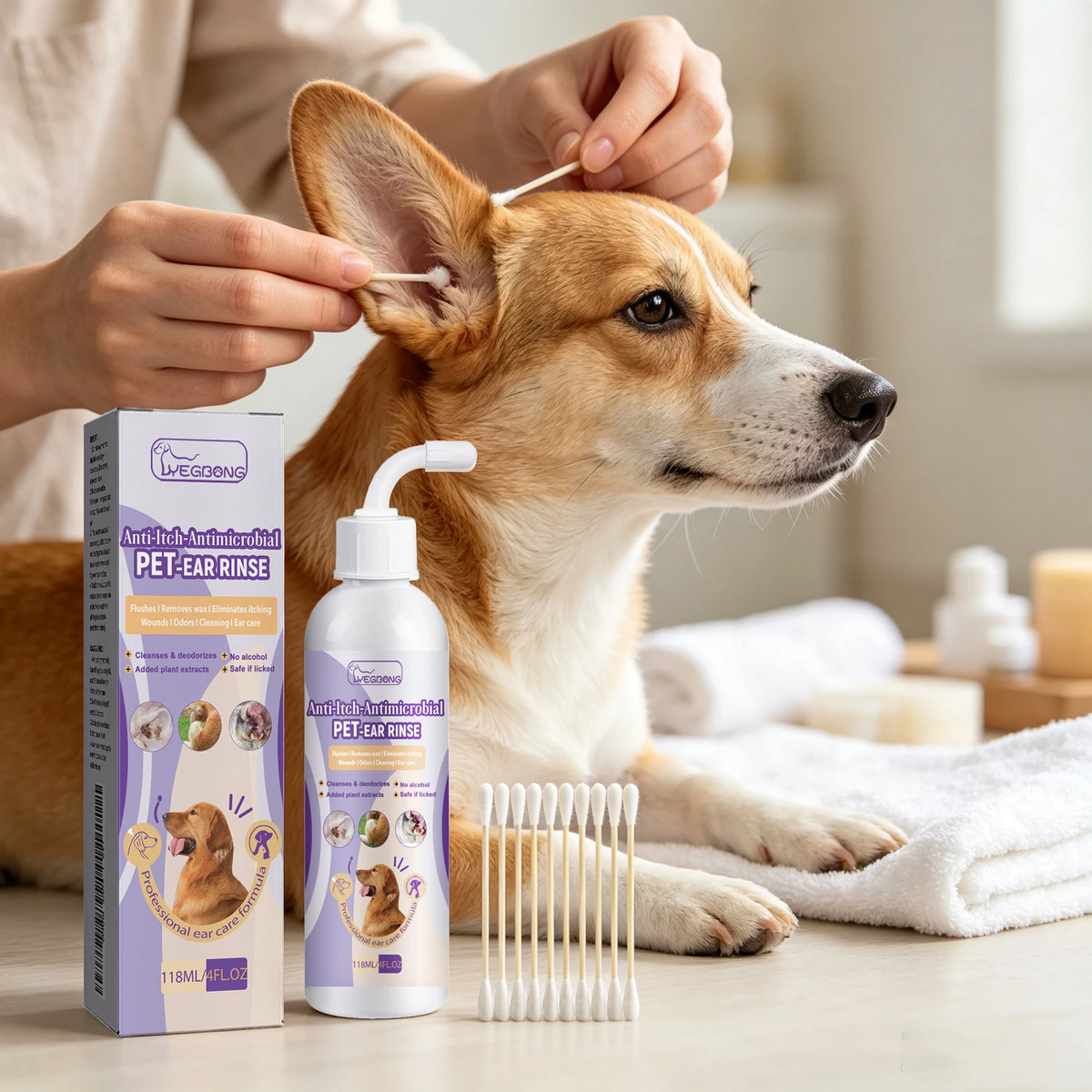 118ML Pet Ear Cleaner Kit Natural Formula Remove Earwax Eliminate Bad Odors Relief Itching Non-irritating Pet Ear Cleaning Set