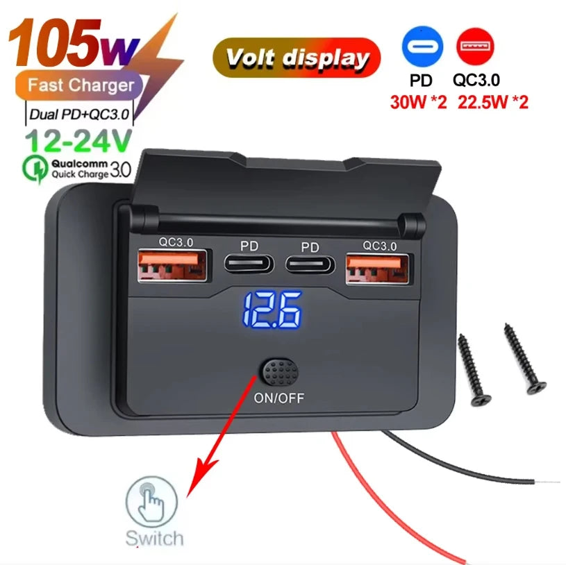 90W 3 Ports Dual PD Car Charger Socket with ON OFF Switch 18W QC3.0 Fast Charging for Motorbike Car Boat ATV UTV Camper Caravans