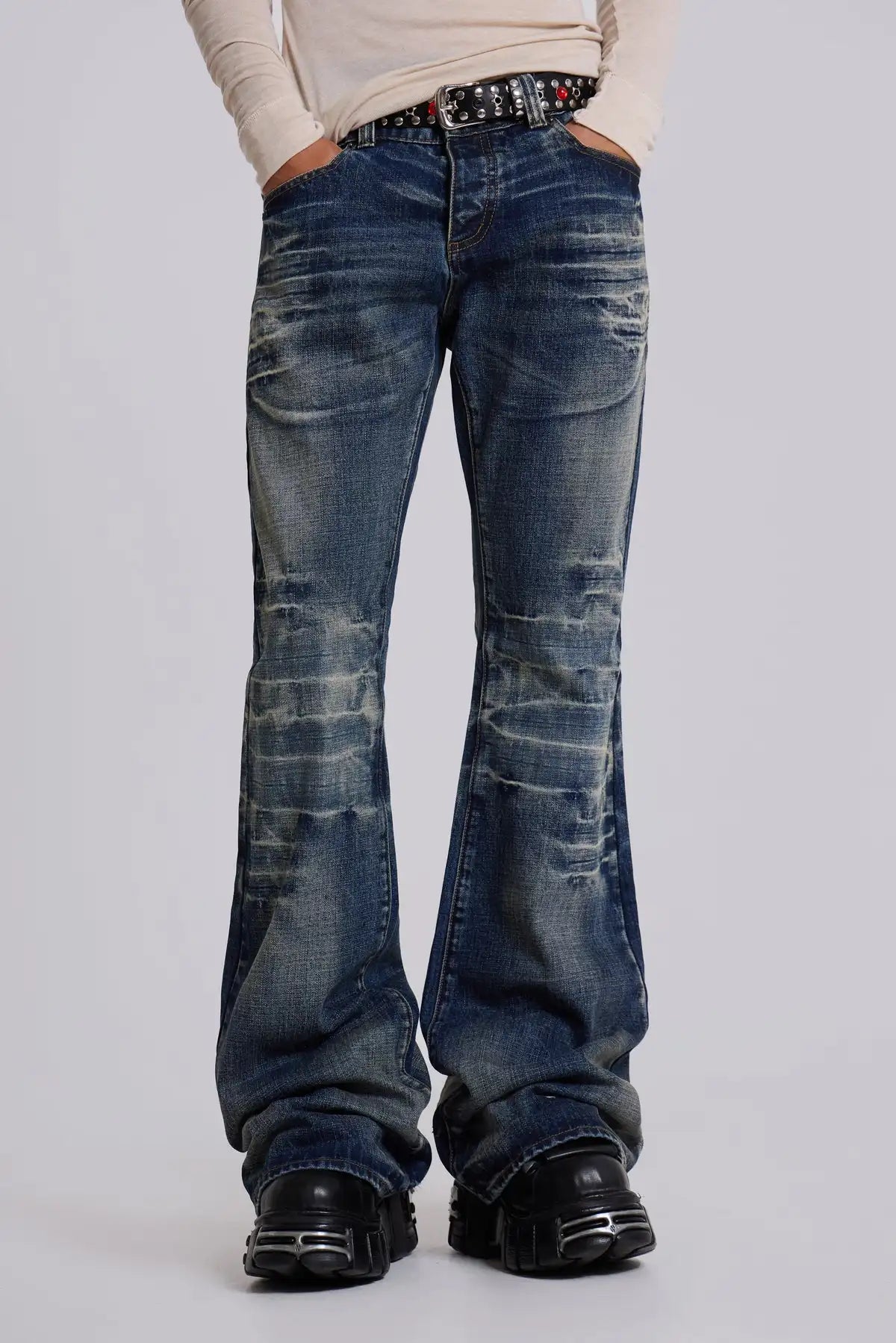 Y2K Vintage Flared Jeans Mid Blue Washed Men Women Bootcut Jeans American Hip Hop Distressed Streetwear Unisex Wide Leg Pants