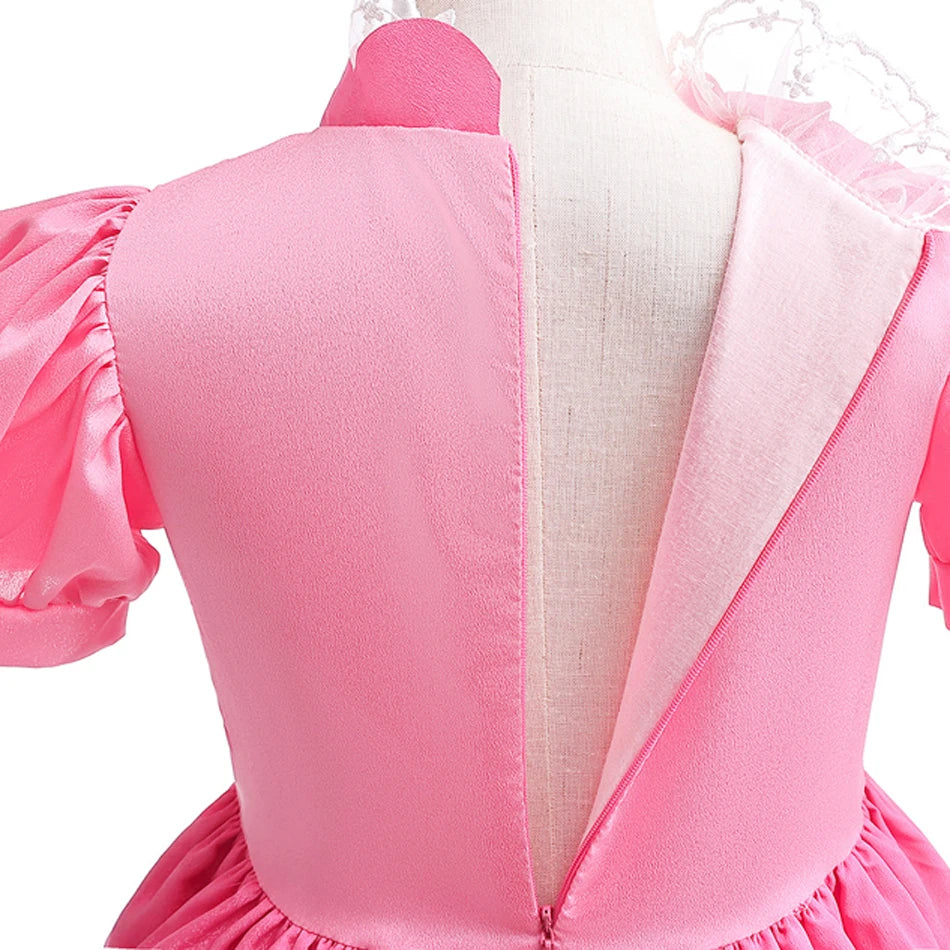 Peach Princess Costume with LED Color Light Toddler Birthday Game Role Play Dress Girl Halloween Festival Gown Pink Lace 4-8 Y