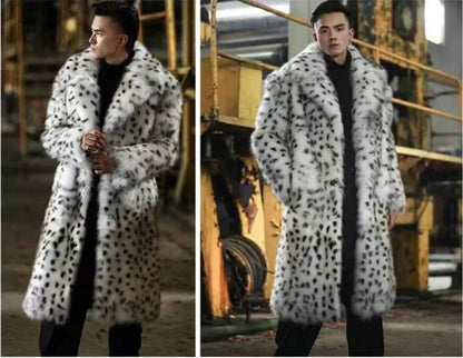 Leopard Men Winter Thick Hooded Faux Fox Fur Coat Jacket Long Sleeve Warm Luxury Fur Black Parkas Bontjas Furry Shaggy Outerwear