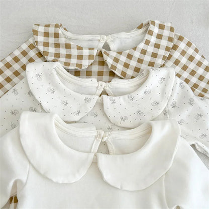 2024 New Spring Children Clothes Toddler Baby Girls Romper Long Sleeved Cotton Lattice Printing Infant Baby Girls Jumpsuit