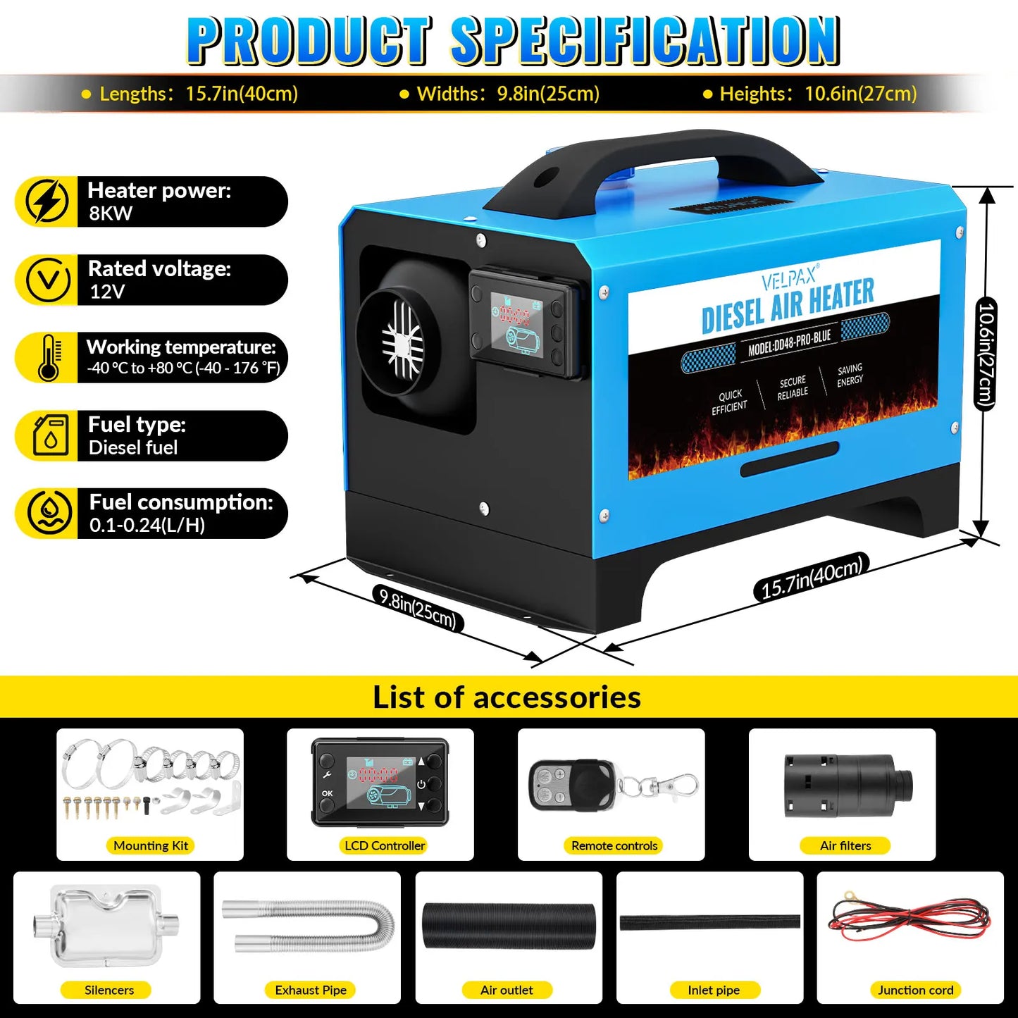 8 kW 12V All-in-One Portable Diesel Air Heater, 0.16–0.52 L/h, Diesel Air Heater 8–36 °C, Adjustable, 15–20 m², Smart LCD Control, 5 L Tank for Boats and Cars