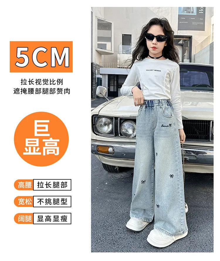 New 4-14 Years Spring Autumn Teenage Girls Jeans Full Print Bow Embroidery Fashion Wide-leg Denim Pants For Kids