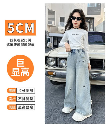New 4-14 Years Spring Autumn Teenage Girls Jeans Full Print Bow Embroidery Fashion Wide-leg Denim Pants For Kids