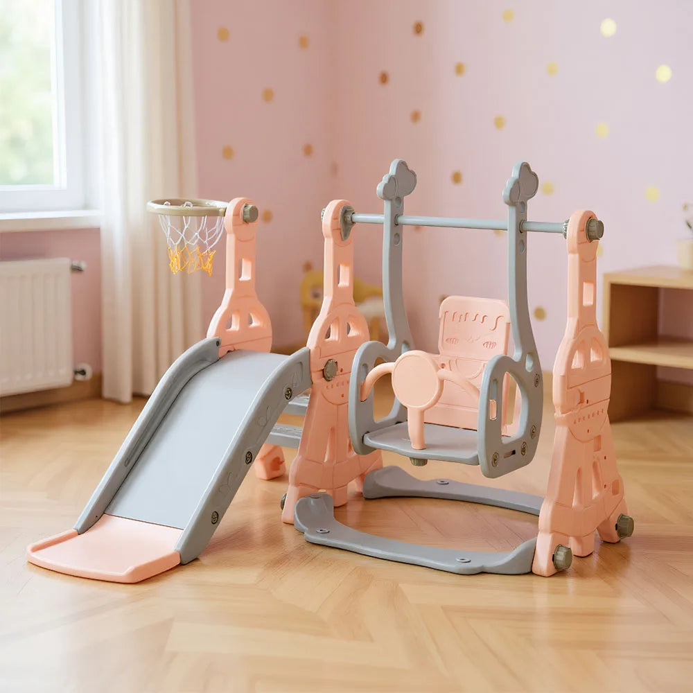 Kids 4 in 1 Slide Garden Shed and Slides Kids with Basket Slide for Children Indoor Outdoor with Slide and Swing,Pink
