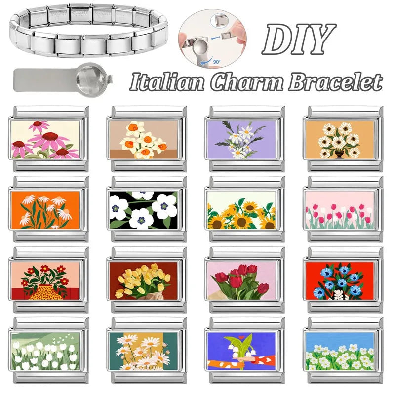 2025 Women's Fashion Colorful Flowers Oil Painting Style Series Italian Charms Fit 9mm Stainless Steel Bracelet DIY Jewelry Gift