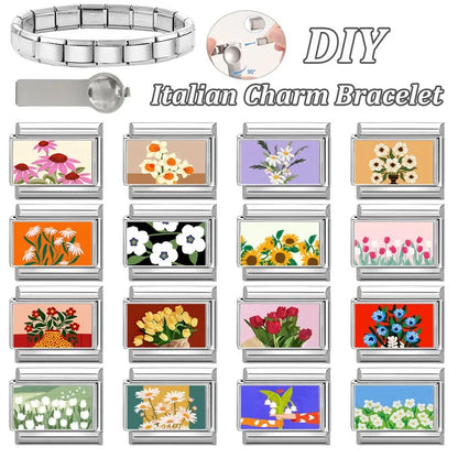2025 Women's Fashion Colorful Flowers Oil Painting Style Series Italian Charms Fit 9mm Stainless Steel Bracelet DIY Jewelry Gift
