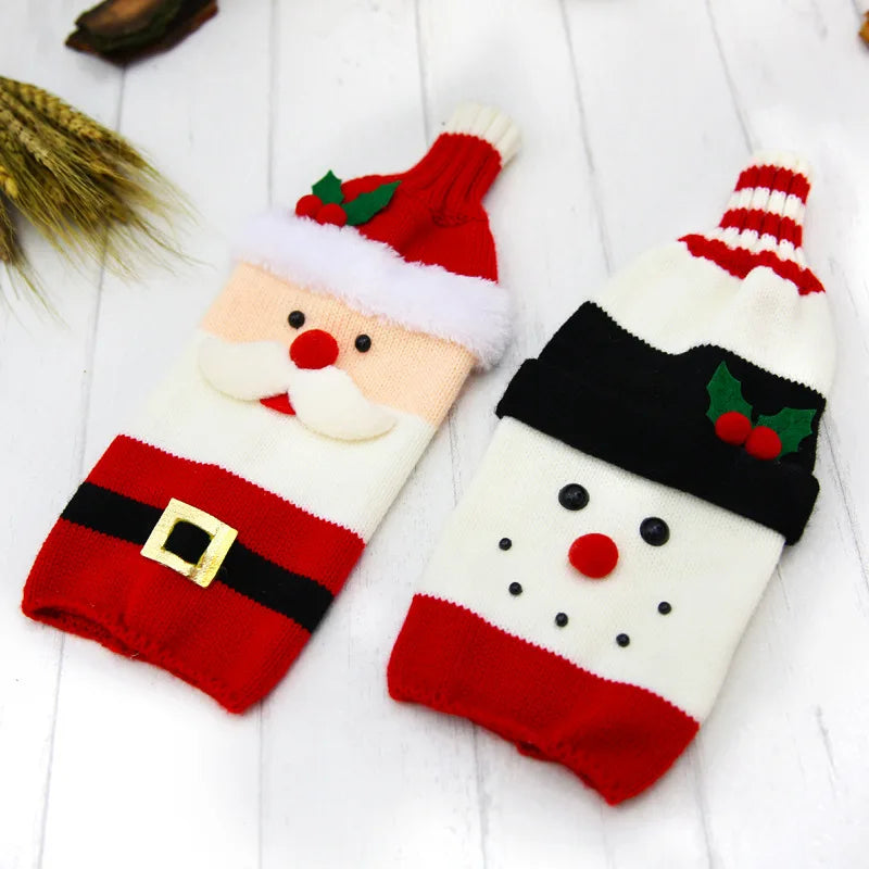 2024 Christmas Knitted Wool Red Wine Bottle Cover Ornament Table Dress Up Home Christmas Decor Hotel Restaurant Festivals Decor