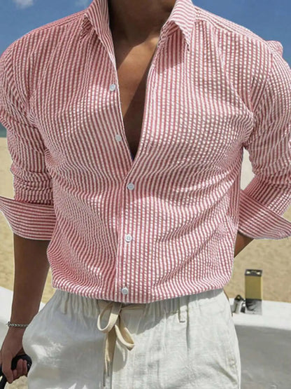 Men's Long Sleeve Striped Shirt with Loose Fit Stylish Comfortable Casual Wear for All Seasons Ideal for Outdoor Activities