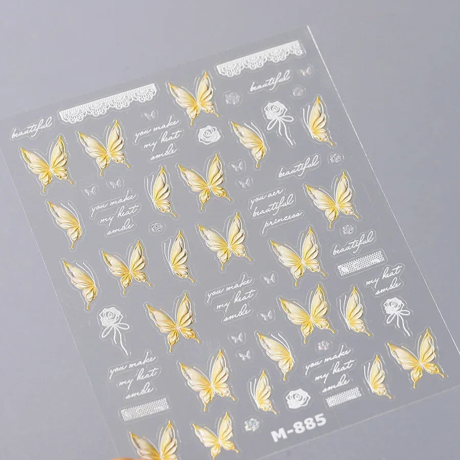 Shiny Jelly Butterfly Charming Golden Gradient Bowknot 5D Self Adhesive Nail Art Sticker Flower Petal Rhinestone Manicure Decals