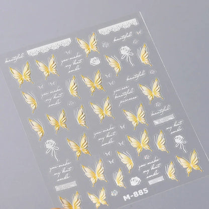 Shiny Jelly Butterfly Charming Golden Gradient Bowknot 5D Self Adhesive Nail Art Sticker Flower Petal Rhinestone Manicure Decals