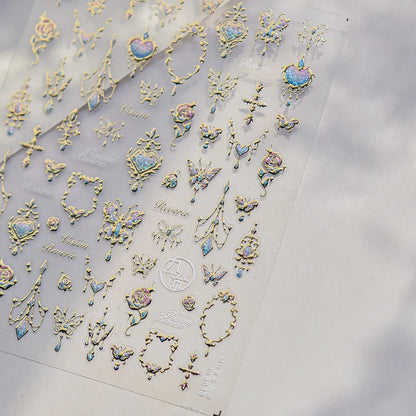 Shiny Jelly Butterfly Charming Golden Gradient Bowknot 5D Self Adhesive Nail Art Sticker Flower Petal Rhinestone Manicure Decals
