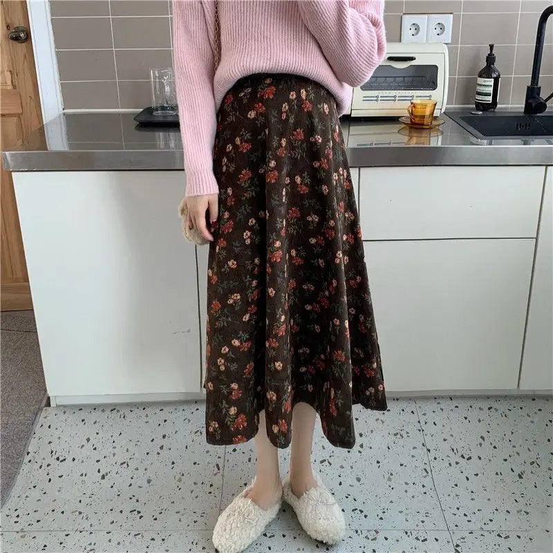 Women Floral Corduroy Midi Skirt High Waist A Line Printed Swing Long Skirt For Spring Autumn