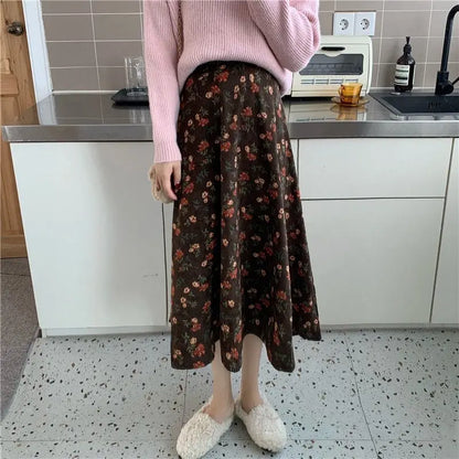 Women Floral Corduroy Midi Skirt High Waist A Line Printed Swing Long Skirt For Spring Autumn