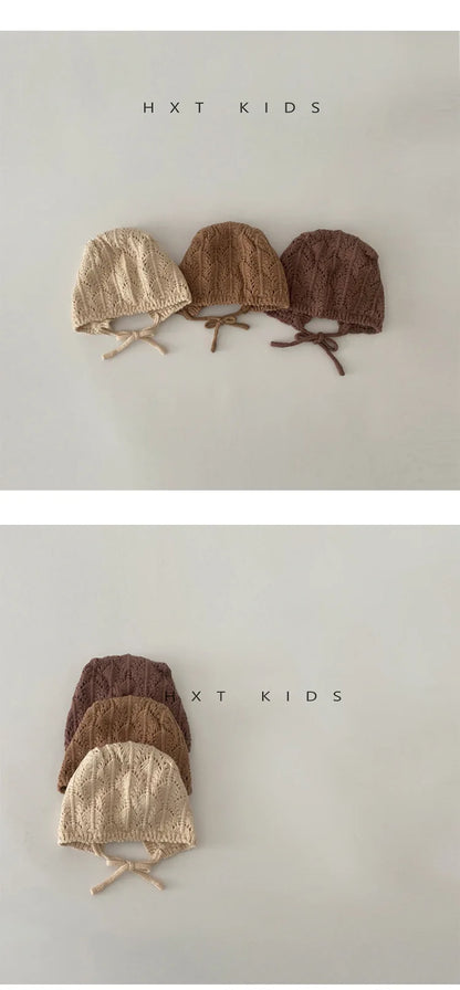 Fashion Retro Hollow Children Knitted Hats Handmade Crochet Flower Girls Parent-child Outdoor Cotton Hat 2024 Autumn Winter Caps