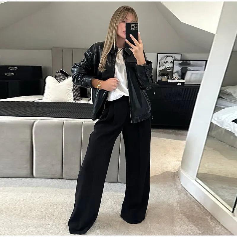 Street Women's Belt Leather Jackets Loose Lapel Zipper Long Sleeve Pockets Female Coats 2026 Autumn Lady Fashion Y2k Outwear