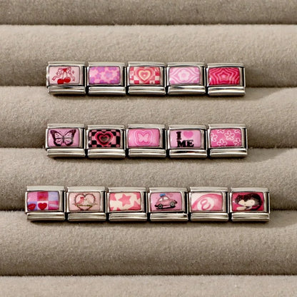 Wholesale Sweet Pink Series Stars Heart Flowers Butterfly Italian Link Fit 9mm Stainless Steel Bracelet Making DIY Charm Jewelry