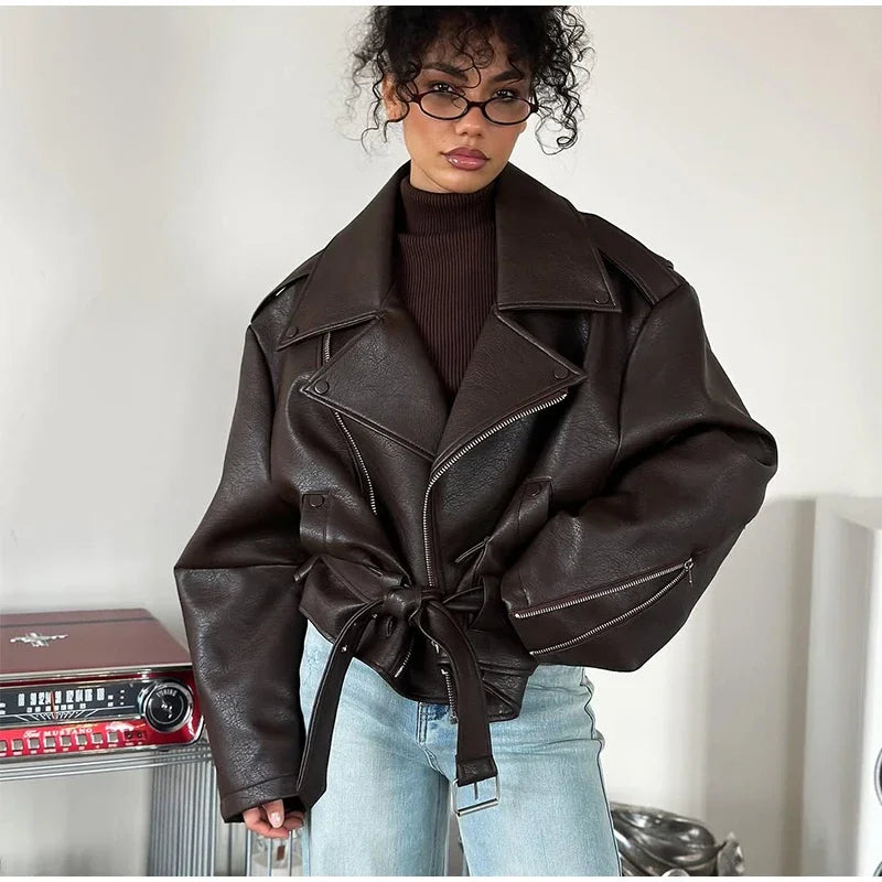 Retro Brown Lace Up Lapel Leather Jacket Women Fashion Zipper Pocket Full Sleeve Short Coat 2025 New Autumn High Street Outwears