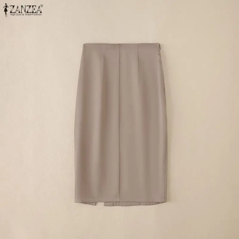 ZANZEA Women's High Waist Pencil Midi Skirt Office Lady Elegant Side Split Bodycon Skirts Casual Solid Color Woman Bottoms S-3XL