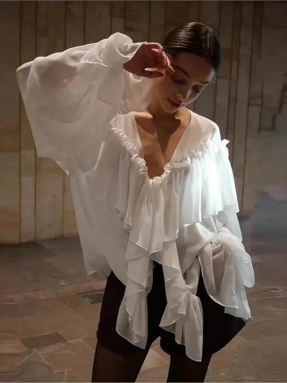 Sexy See-through Chiffon Top V-neck Long Sleeve Beach Party Shirt Trans-seasonal Women's Low Cut Shirt Ruffle Solid Color Tops