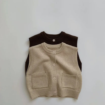 Children's Coat Autumn Children's Minimalist Pocket Sweater Kids Boys Girls Solid Color Cardigan Round Neck Vest Knitted Sweater