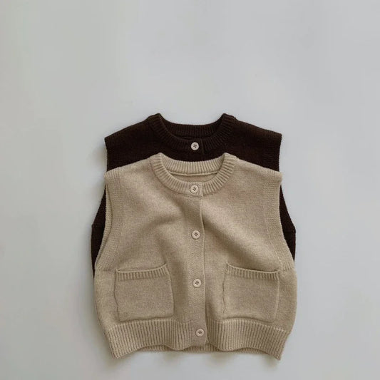 Children's Coat Autumn Children's Minimalist Pocket Sweater Kids Boys Girls Solid Color Cardigan Round Neck Vest Knitted Sweater