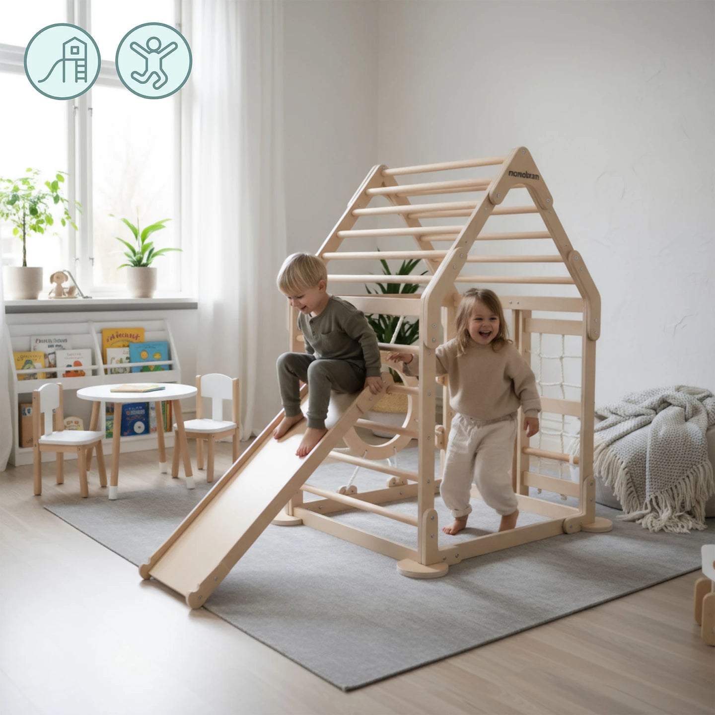 Mamabrum Large Wooden Square Play House Climbing With Slide Ladder for Children 3 + Montessori Large Motorite