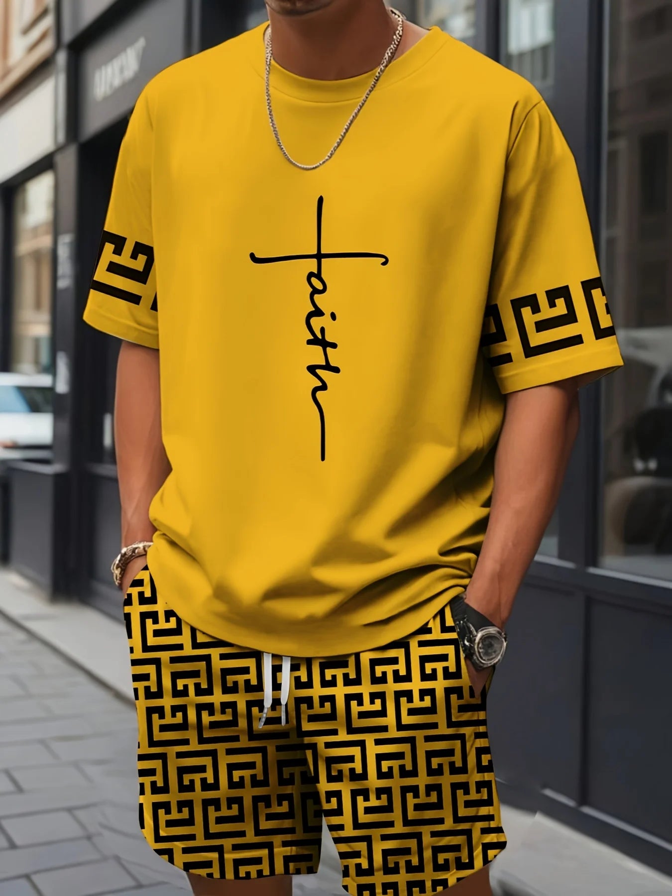 New Men's Cross Print T-Shirt and Shorts Set Stylish Streetwear Short-Sleeve Top and Shorts Combination Holiday Men's Apparel