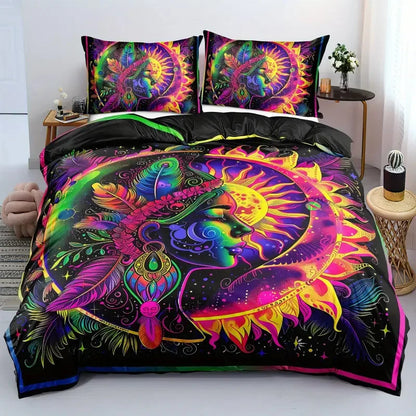 Boho Sun And Moon Duvet Cover Set Black White Floral Bedding Set Bohemian Exotic Comforter Covers Queen Bedroom Decor All Season