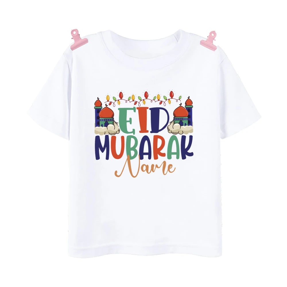 Personalized Eid Mubarak Printed Kids Shirts Custom Name Eid Ramadan Child T-shirt Tops Islamic Muslim Holiday Boys Girls Outfit