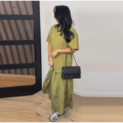 2026 Summer New Loose Patchwork Dresses Women's Pleated Fashion Short Sleeve O-neck Long Robes Female Elegant Casual Dress