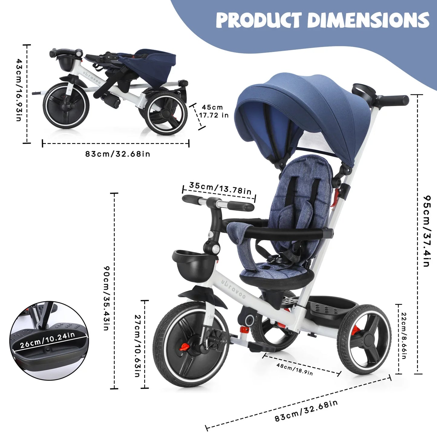 Foldable Children's Tricycle – Adjustable Parent Handle, Wheel Brakes, Removable Hood, Backrest & Safety Seat